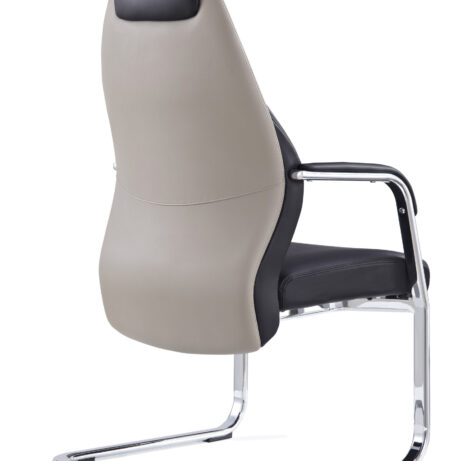 Mien High Back Leather Cantilever Visitor Office Chair with a chrome frame, featuring a sleek beige and black design.