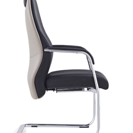 Mien High Back Leather Cantilever Visitor Office Chair in black and beige with chrome cantilever frame, shown from the side.