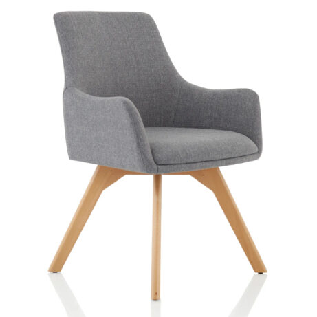 Carmen Grey Fabric Visitor Chair with wooden legs, featuring a modern design and comfortable armrests.