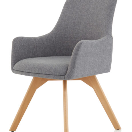 Carmen grey fabric visitor chair with wooden legs, modern design suitable for lounges and meeting spaces.