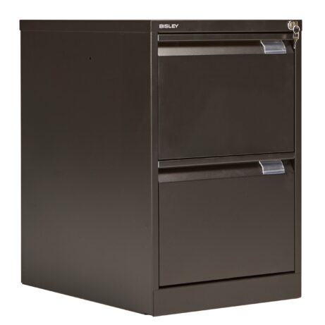 Bisley 2 Drawer Classic Steel Filing Cabinet in black finish with two drawers and chrome handles.