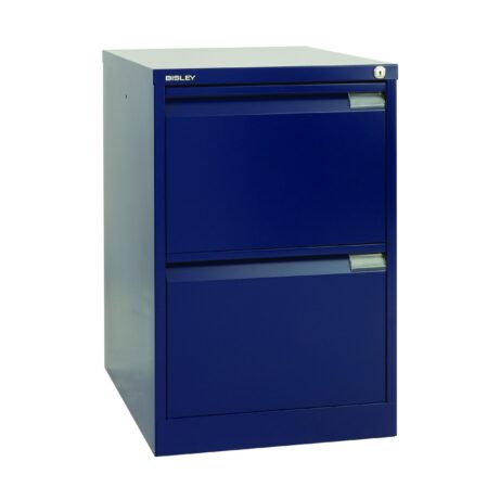 Bisley 2 Drawer Classic Steel Filing Cabinet in blue with two pull-out drawers and a top surface.
