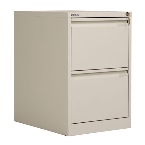 Bisley 2 Drawer Classic Steel Filing Cabinet in Goose Grey with secure locking mechanism.