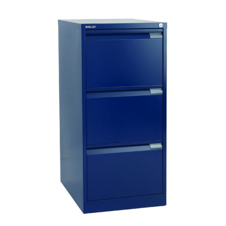 Bisley 3 Drawer Classic Steel Filing Cabinet in blue, featuring three spacious drawers and a sleek design.