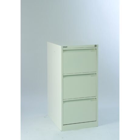Bisley 3 Drawer Classic Steel Filing Cabinet in Chalk colour with three smooth, pull-out drawers.
