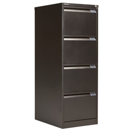Bisley 4 Drawer Classic Steel Filing Cabinet in black with sleek metal handles.