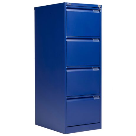 Bisley 4 Drawer Classic Steel Filing Cabinet in blue, featuring four lockable drawers for secure document storage.