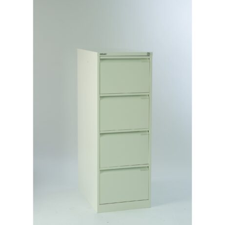 Bisley 4 Drawer Classic Steel Filing Cabinet in Chalk colour, featuring four pull-out drawers.