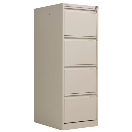 Bisley 4 Drawer Classic Steel Filing Cabinet in Goose Grey, featuring four spacious, lockable drawers.