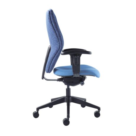 BLAST Task Chair with a blue fabric finish, featuring a curved backrest, adjustable height, and rolling base for mobility.