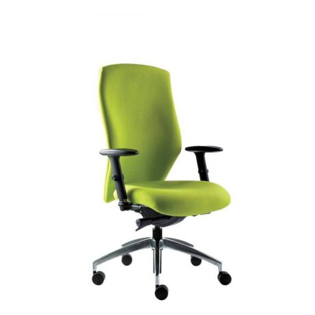 Blast Ergo Chair in bright green fabric, featuring an extra-high back, adjustable arms, and chrome base with wheels.