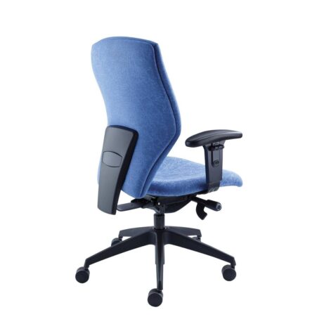 BLAST Task Chair in blue fabric with a curved backrest, adjustable arms, and a five-star base on casters.