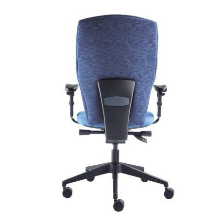BLAST Task Chair with a blue fabric finish, featuring a curved backrest and adjustable height, mounted on a black base.