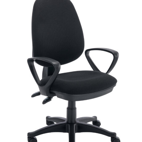 Versi 2 Lever Operator Chair with fixed arms and black fabric upholstery on a wheeled base.