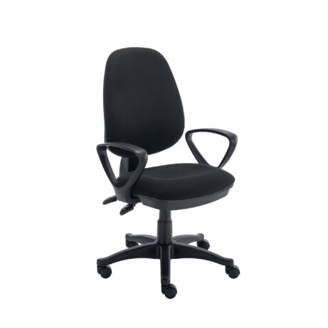 Versi 2 Lever Operator Chair with fixed arms and black fabric upholstery on a wheeled base.