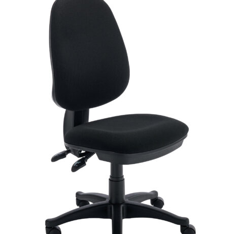 Versi 2 Lever Operator Chair, no arms, black fabric, adjustable height, five-star base with wheels.