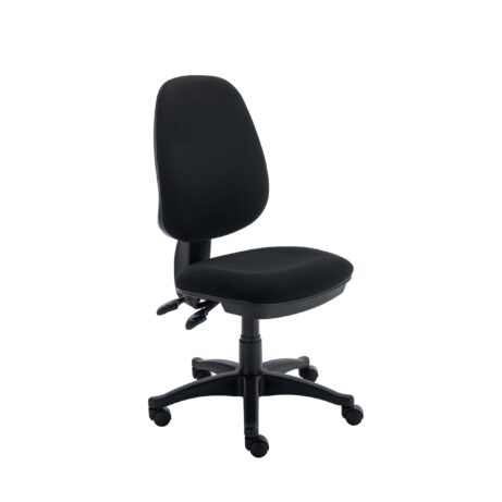 Versi 2 Lever Operator Chair, no arms, black fabric, adjustable height, five-star base with wheels.