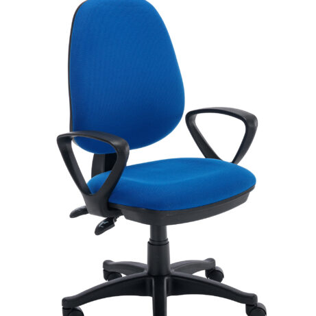 Versi 2 Lever Operator Chair with fixed arms in royal blue fabric and black base on rolling casters.