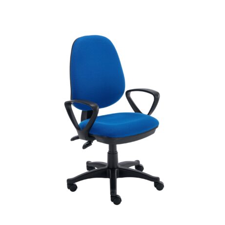 Versi 2 Lever Operator Chair with fixed arms in royal blue fabric and black base on rolling casters.