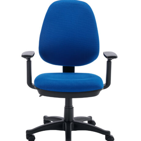 Versi 2 Lever Operator Chair in blue fabric with adjustable arms, cushioned seat, and five-star base on castors.