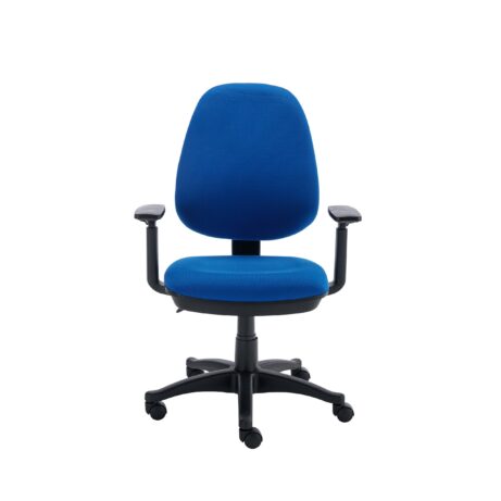 Versi 2 Lever Operator Chair in blue fabric with adjustable arms, cushioned seat, and five-star base on castors.