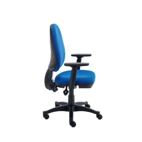 Versi 2 Lever Operator Chair in blue with a moulded backrest, height-adjustable arms, and five-star base with castors.