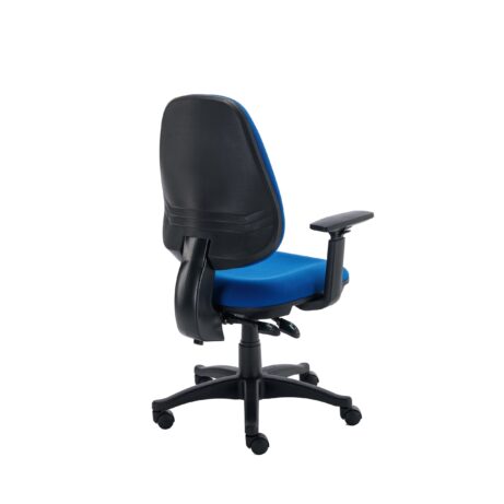 Versi 2 Lever Operator Chair in blue fabric with a black moulded backrest and adjustable armrests on a five-star base.