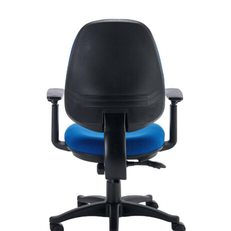 Versi 2 Lever Operator Chair with blue cushioned seat, moulded black backrest, and height-adjustable arms on a five-star base.