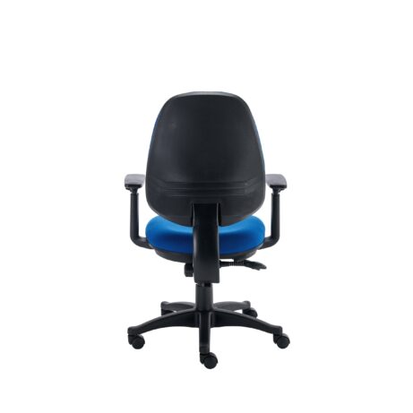 Versi 2 Lever Operator Chair with blue cushioned seat, moulded black backrest, and height-adjustable arms on a five-star base.