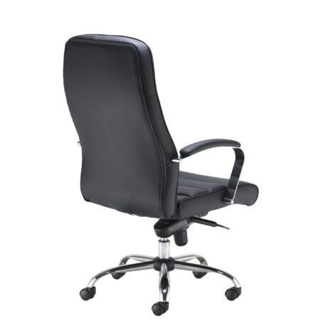 Ares Executive Chair features a black faux leather upholstery, chrome armrests, and a smooth 5-star base with castors.