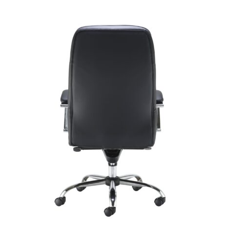 Ares Executive Chair with black PU upholstery, 5-star chrome base, and castors for mobility. Adjustable tilt tension included.