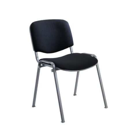 Black club chair with a padded seat and backrest, supported by a sturdy silver frame.