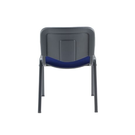Stackable Club Chair with cushioned seat and back, robust black steel frame, and blue 100% man-made fabric.