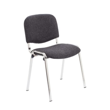Charcoal club chair with chrome legs, featuring a sleek design and comfortable fabric upholstery.