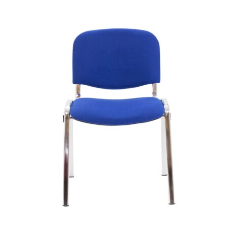 Compact blue Club Chair with chrome frame, cushioned seat and back, stackable up to 4 high for easy storage.