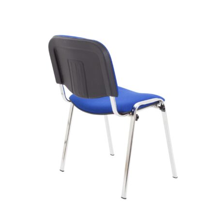 Compact blue Club Chair with chrome frame, cushioned seat and back, stackable up to 4 high for easy storage.