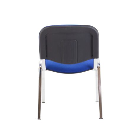 Compact Club Chair with chrome frame, blue cushioned seat, and back, stackable up to 4 high for efficient storage.