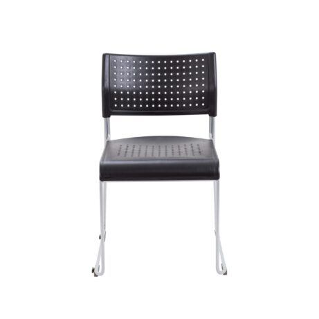 Twilight Stacker Chair with perforated black polypropylene seat and back, durable metal frame, and skid feet.