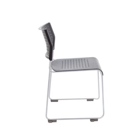 Twilight Stacker Chair in grey with perforated polypropylene seat, metal frame, and skid feet for floor protection.