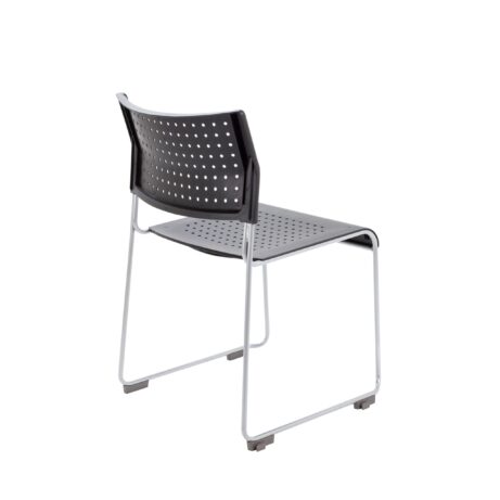 Twilight Stacker Chair with black perforated polypropylene seat and back, grey metal frame, and skid feet for floor protection.