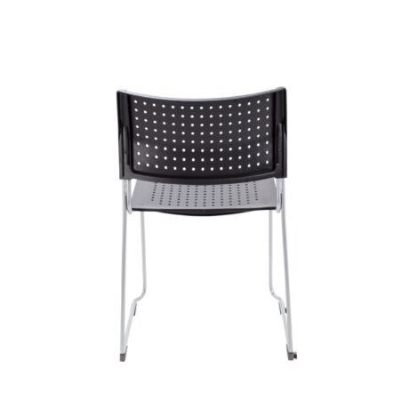 Twilight Stacker Chair with black perforated polypropylene seat and back, metal frame, designed for stacking and space-saving.