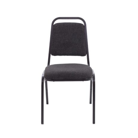 Stackable Banqueting Chair with high-back fabric upholstery, durable powder-coated black steel frame, ideal for events.