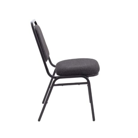 Banqueting Chair in high-back design with gray fabric upholstery, stackable on a durable black steel frame.