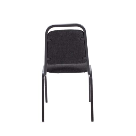 Stackable Banqueting Chair with high-back fabric upholstery, durable powder-coated black steel frame, and convenient handle.