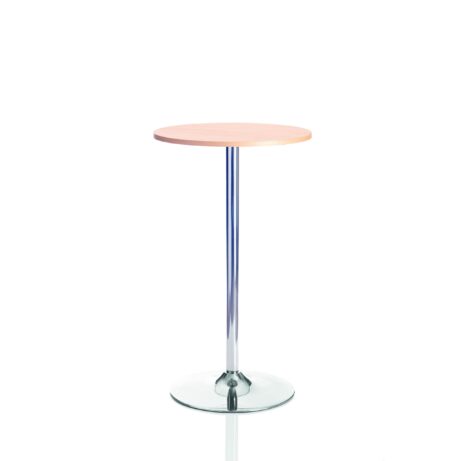 Astral Table with Trumpet Frame in Beech colour, featuring a round top and a sleek chrome base.