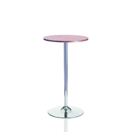 Walnut Astral Table with Trumpet Frame, featuring a round top and a sleek chrome base.