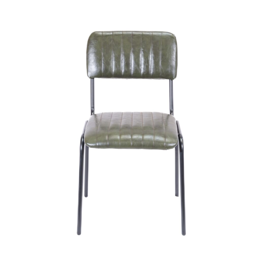 Tavern Side Chair in brown PU upholstery with a ribbed design and black metal legs.
