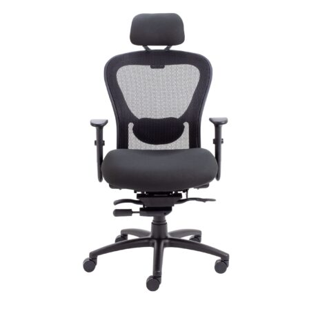 Strata High-Back Task Chair with Seat Slide, featuring mesh back, fabric headrest, and height-adjustable arms.
