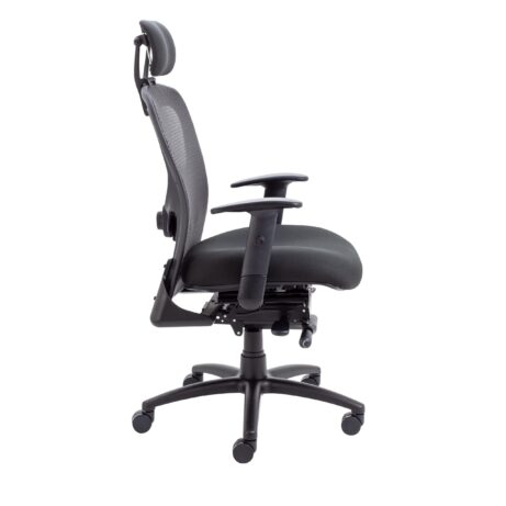 Strata High-Back Task Chair with Seat Slide, featuring a mesh back, plush foam seat, fabric headrest, and height-adjustable arms.