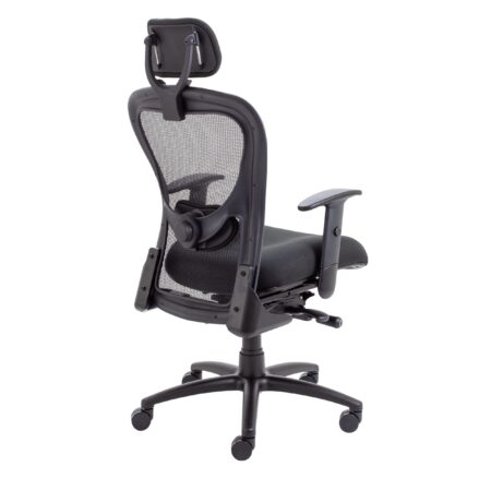 Strata High-Back Task Chair with Seat Slide, black mesh back, adjustable headrest, foam seat, and height-adjustable arms.